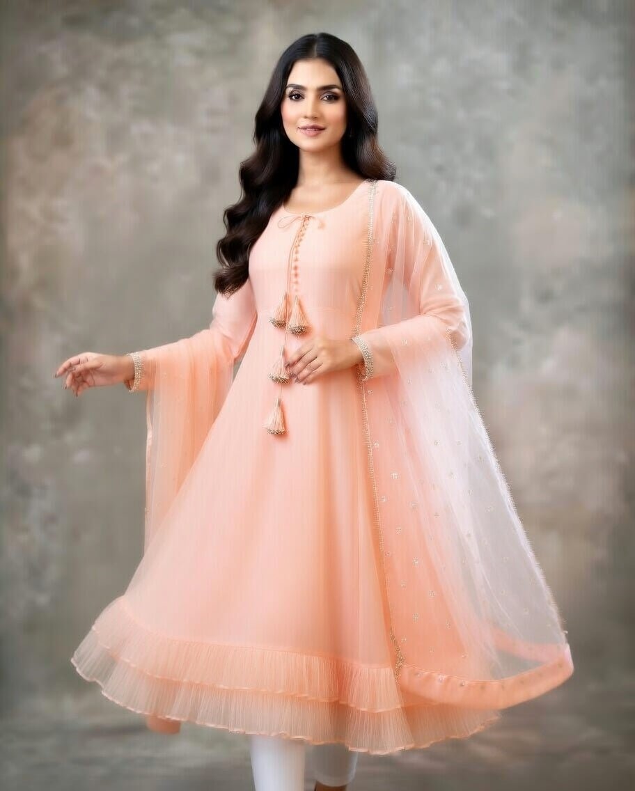 Long Sleeves Maxi With Lace Dupatta 3PCs - Libas Lounge