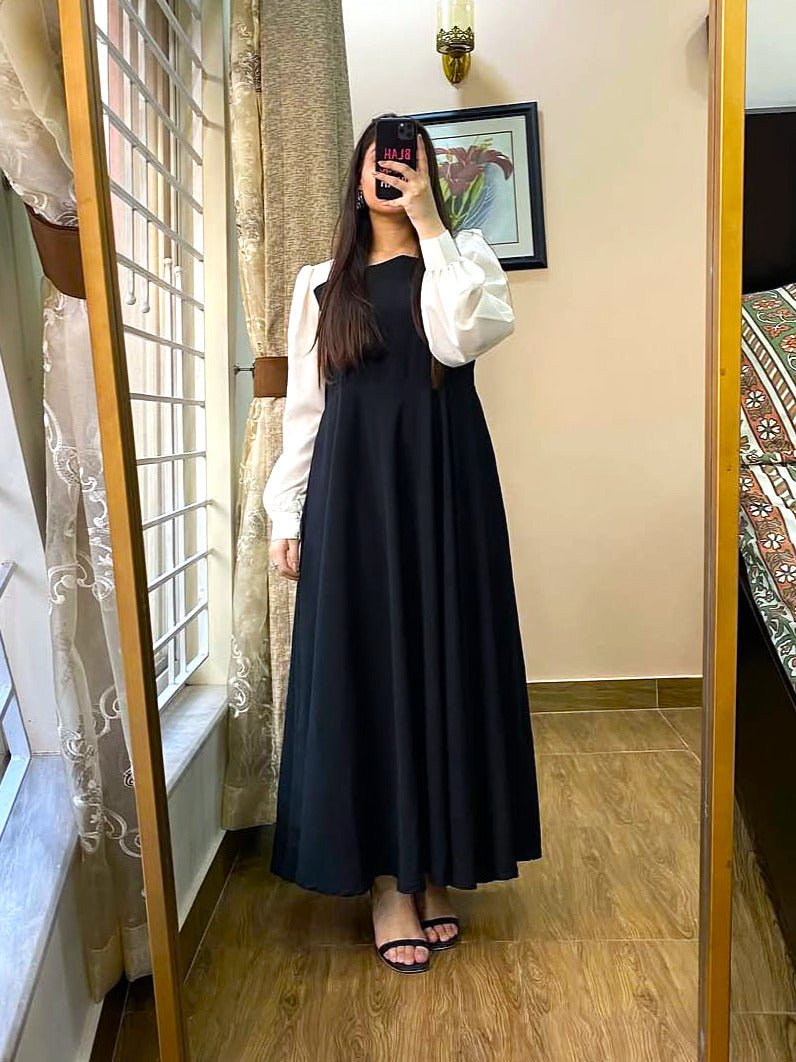 Pleated Maxi Dress with Contrast White Sleeves - Libas Lounge