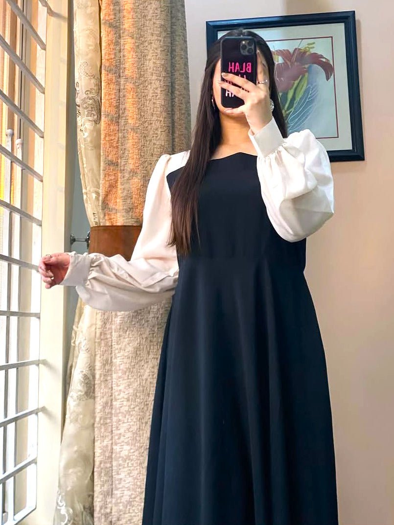 Pleated Maxi Dress with Contrast White Sleeves - Libas Lounge