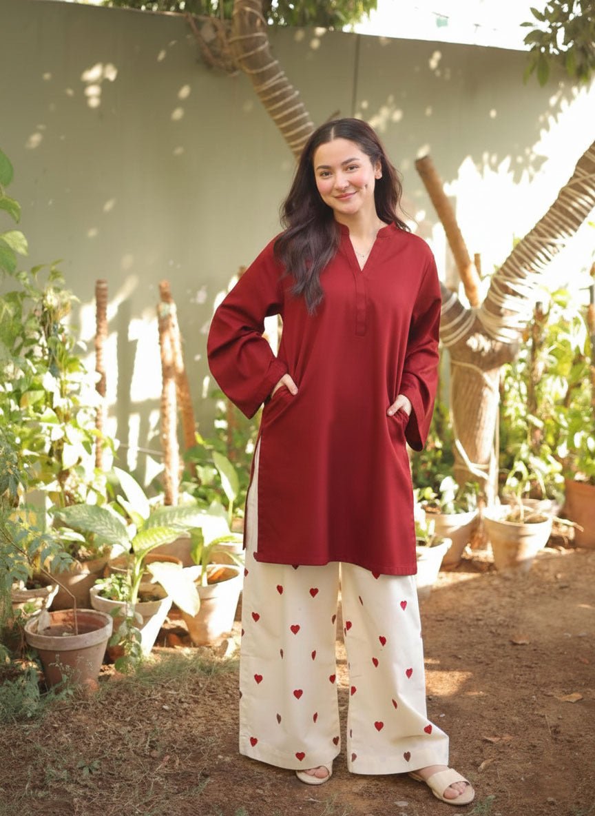 Heart Printed Flapper with V - Neck Short Style Shirt - Libas Lounge