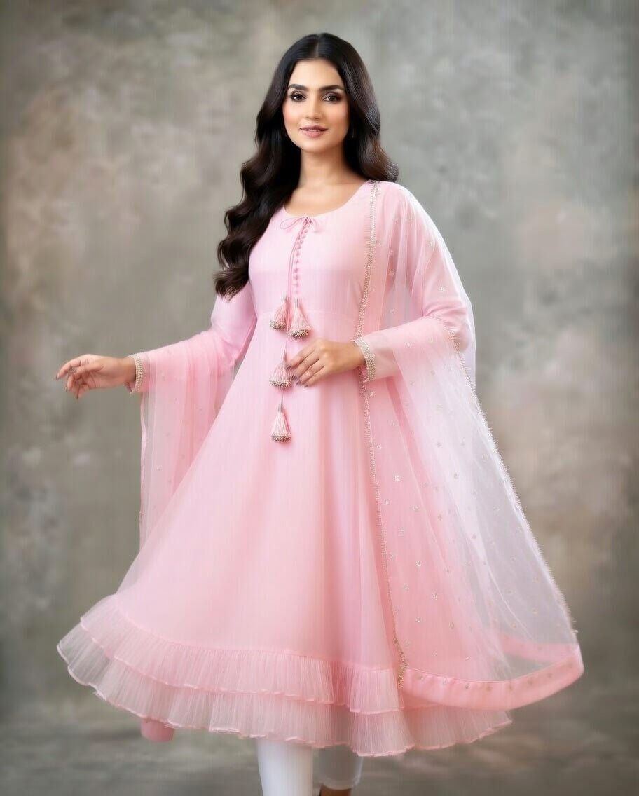 Long Sleeves Maxi With Lace Dupatta 3PCs - Libas Lounge