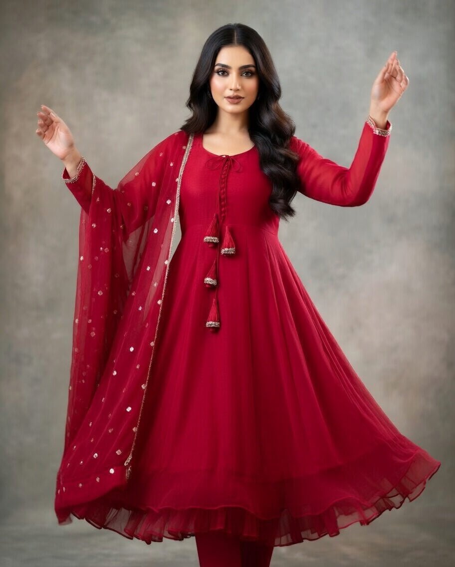 Long Sleeves Maxi With Lace Dupatta 3PCs - Libas Lounge