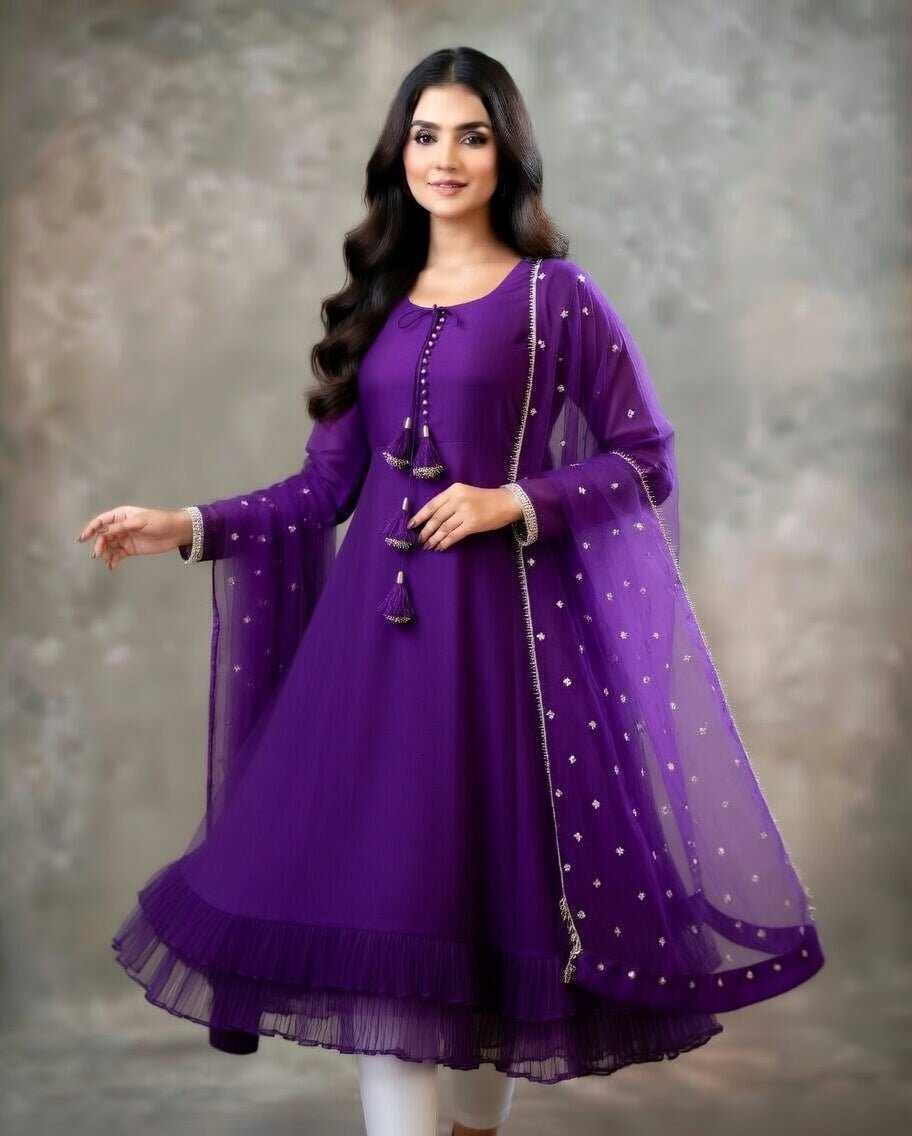 Long Sleeves Maxi With Lace Dupatta 3PCs - Libas Lounge