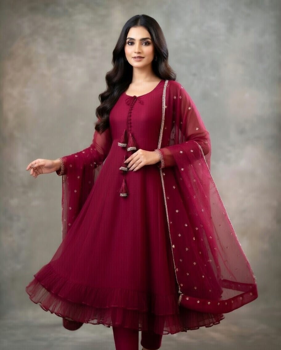 Long Sleeves Maxi With Lace Dupatta 3PCs - Libas Lounge